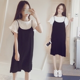 2016夏季新款韩版女装修身连衣裙雪纺中长裙子a字背带裙两件套装