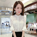 2016秋季新款蕾丝衫中袖韩版修身镂空喇叭袖白色衬衫雪纺上衣女