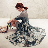 夏天长裙韩国女装v领中长款 气质印花裙子欧根纱连衣裙中袖蓬蓬裙