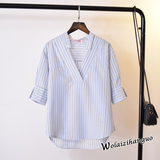 韩国代购2016夏装新款小清新立领宽松BF风格条纹深V领短袖衬衫女
