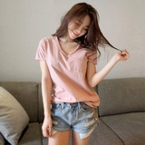 2016夏季短袖t恤女韩版粉色修身简约白色口袋修身女装打底衫纯棉