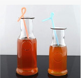 可爱创意吸管带盖木塞奶茶瓶子酸奶杯 透明果汁杯玻璃关山饮料瓶