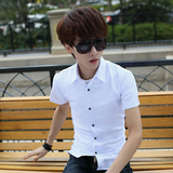 夏季短袖纯色衬衫男士韩版修身型青少年休闲白色衬衣潮男装商务服