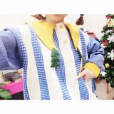 2016秋季女装新款可爱少女蓝白条纹针织拼接牛仔袖子软妹圣诞毛衣
