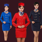 新款秋冬装空姐服职业套装长袖 军鼓服装套装演出服装大码红色