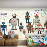 卡通机器人墙纸欧式手绘大型壁画儿童房幼儿园游乐园主题餐厅壁纸