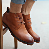 时尚潮流男靴短款牛皮靴圆头系带休闲男靴子个性马丁靴橡胶底皮鞋