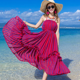2016夏新品雪纺条纹修身显瘦度假裙 波西米亚气质抹胸吊带沙滩裙
