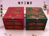 复古典化妆箱实木质 首饰盒红绿黄色梳妆平遥漆器韩中式收纳镜锁