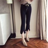夏季新款韩版高腰系带弹力铅笔裤女显瘦休闲裤七分牛仔喇叭裤F268