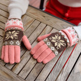 秋冬天冬季韩版毛线手套女士可爱雪花小鹿针织厚保暖分指五指手套