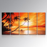 手绘风景装饰油画现代家居海边椰树装饰画五联组合海滩海景无框画