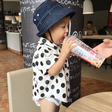 男女童日本黑色波点棉麻短袖衬衣宝宝衬衫