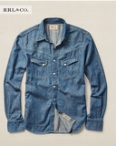 RRL 复古咔叽 西部风格 牛头标 indigo修身牛仔衬衫