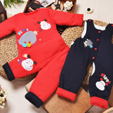 偶园婴儿新生儿衣服 童装冬季纯棉卡通加厚保暖套装三件套外出服