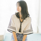 DK尤物/iFashion2016夏季新品 民族风系带流苏领黑边刺绣宽松衬衫