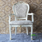 包邮餐厅布艺软坐椅子欧式金箔雕花田园白色扶手椅美式实木餐椅