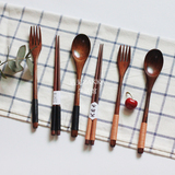 日式原木绕线长柄勺叉筷高品质木质黑色卡其色缠线筷子勺子叉套装