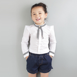 新款公主范白色蕾丝圆领背后拉链长袖衬衫纯棉舒适女童装2-8周岁