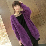 冬季新款女韩版直筒加厚毛衣开衫中长V领马海毛蝙蝠袖外套 正品
