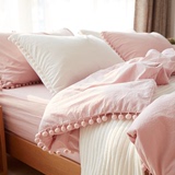韩版公主风水洗棉绒球粉色纯色全棉床上用品单人双人纯棉四件套