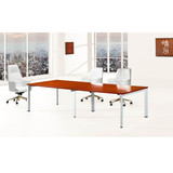高档时尚3米会议桌实木皮会议台白色钢架泰柚木色会议桌办公桌