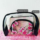 Victoria's Secret维多利亚的秘密粉色条纹玫瑰花手三件套化妆包