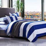 夏季舒适透气床品床单式被套枕套男生宿舍纯色磨毛蓝色条纹四件套