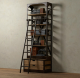美式乡村复古做旧电视柜 铁艺书架书柜 落地式置物架 客厅带梯子