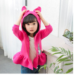 秋款童装韩版女童宝宝卡通刺绣连帽外套可爱兔耳朵开衫裙摆上衣