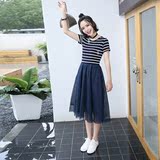 2016夏季新款简约韩版修身圆领短袖条纹拼接连衣裙女中长款纱裙子