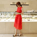 韩国代购2016春夏新款欧美红色中长款礼服修身显瘦连衣裙无袖长裙