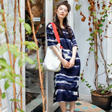 AUDREY WANG原创设计欧美超大牌显瘦气质横条水墨针织长T连衣裙
