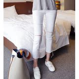 现货gray韩国代购女装2016夏季新潮划痕破洞毛边修身牛仔裤八分裤
