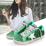 明星同款韩版平底运动板鞋做旧星星鞋潮系带真皮绿色亮片休闲鞋女