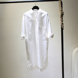 东大门2016韩版简约气质单口袋纯色中长款开叉长袖白衬衣衬衫裙女