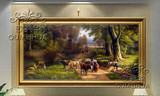 纯手绘油画 古典风景 人物 动物有框画 欧式客厅玄关挂画 横幅