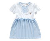 夏季童装小熊女童 韩版淡蓝色 粉色条纹白色拼接纯棉短袖连衣裙