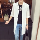 中长款衬衫男潮韩版夏季薄款修身白色短袖外套棉麻时尚潮流发型师