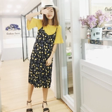 夏装韩国chic风甜美喇叭袖T恤+吊带裙碎花连衣裙沙滩裙两件套学生