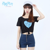 夏季新品韩版字母印花绑带短袖T恤小可爱比基尼短款露脐罩衫女 潮