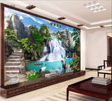 现代中式3D定制山水瀑布流水生财电视背景墙纸壁画无缝整张墙布