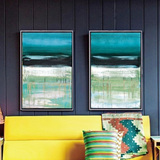 客厅装饰画沙发背景壁画现代简约有框画餐厅双联挂画蓝色抽象油画