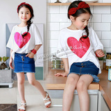 韩国夏季新款女童装纯棉爱心印花蝙蝠衫中大童圆领T恤儿童套头衫