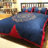 全棉中式婚房绣花四件套蓝色被套红色床单古典民族风纯棉床上用品