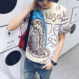 港风日系2016潮男装新款短袖T恤韩版创意涂鸦鲨鱼半袖体恤男潮流