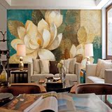 大型客厅电视餐厅卧室背景墙壁纸壁画墙纸装饰画蓝色复古油画花卉