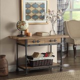 美式复古铁艺玄关桌 做旧实木安台带抽屉书桌 墙边窄桌子餐边桌