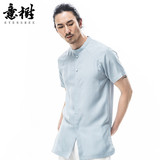 意树2016夏季原创中国风天丝立领短袖衬衫男装白色衬衣修身休闲