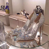 香港IT代购女鞋2016夏季水晶婚鞋中细跟银色尖头高跟新娘水钻婚鞋